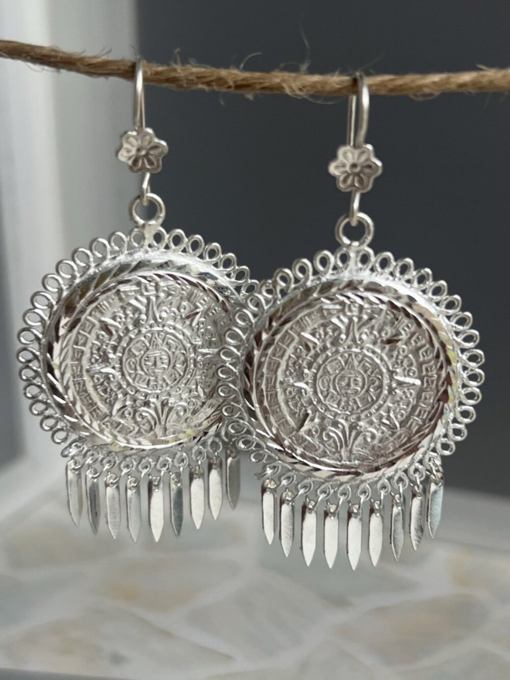 Handcrafted Aztec Calendar Filigree Dangle Earrings, 925 Sterling Silver